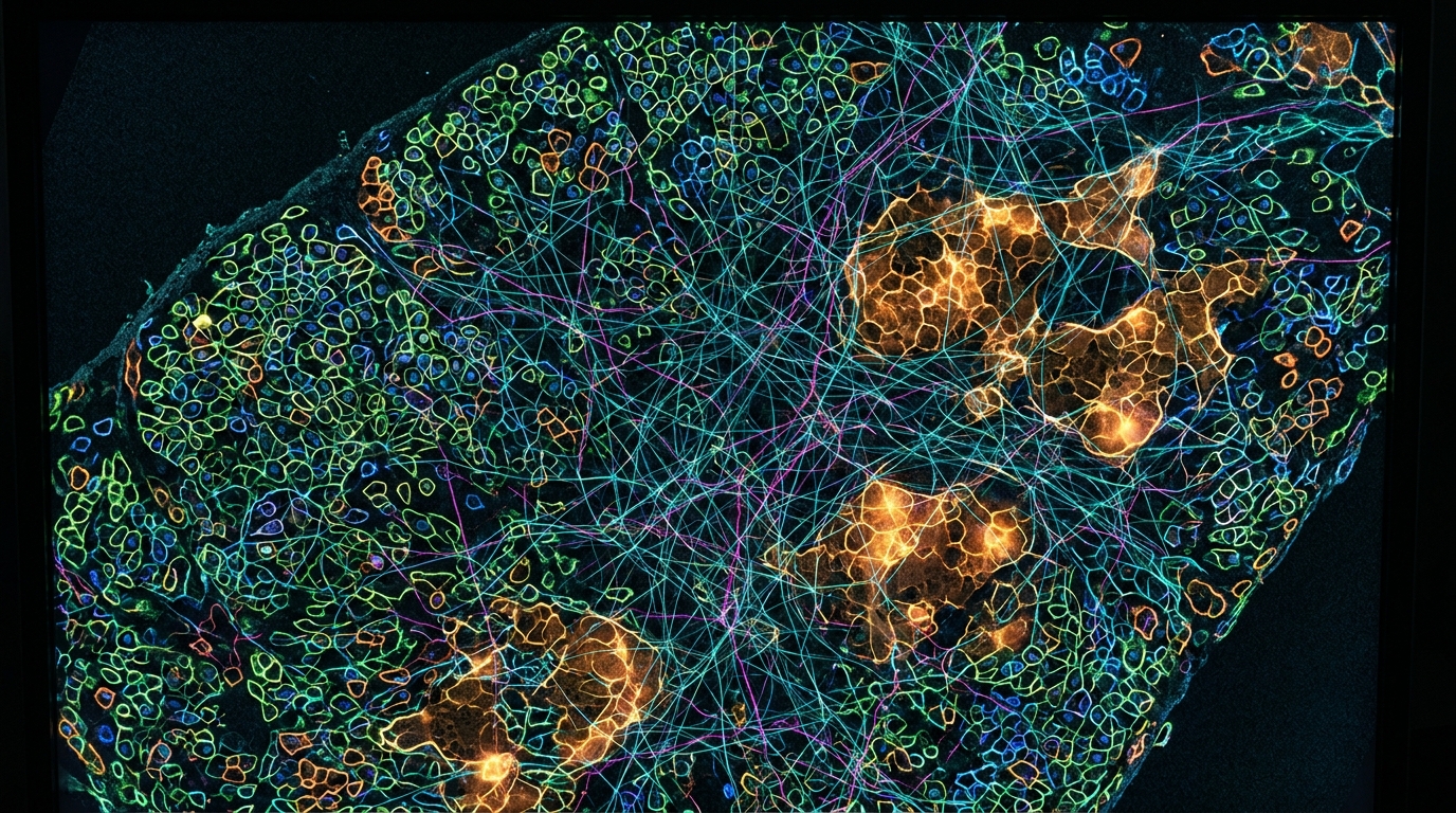 Whole slide tissue image with thousands of segmented cells and an overlaid spatial network graph linking neighboring cells