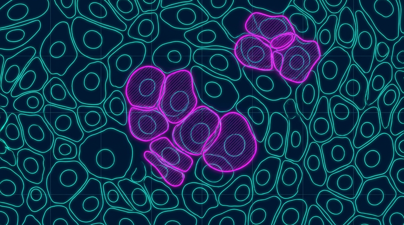 Dense tissue with cell nuclei and membranes outlined, mis-segmented overlapping cells highlighted as segmentation errors