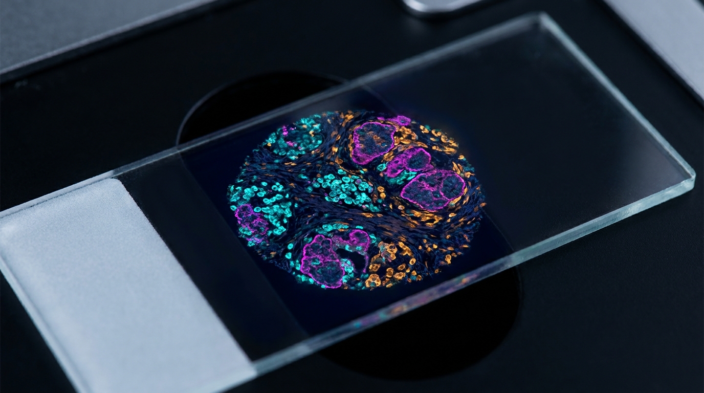 Multiplex immunofluorescence tissue section showing several pseudocolor marker channels revealing distinct immune and tumor cell populations