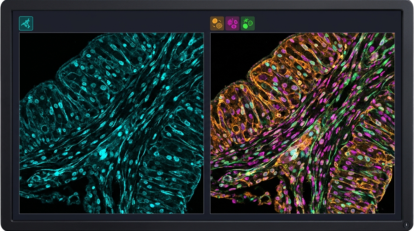 Side by side singleplex and multiplex immunofluorescence sections showing single channel clarity against overlapping fluorophores