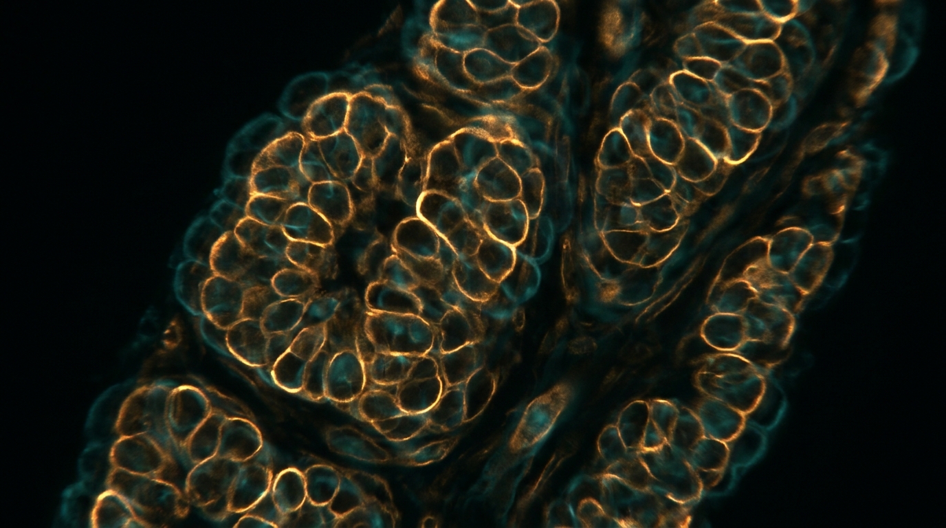 One dim fluorescence channel ghosting the shapes of a brighter neighbouring channel across stained tissue