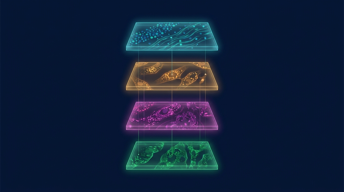 Four sequential quality control gates shown as glowing panels checking tissue signal before each staining round