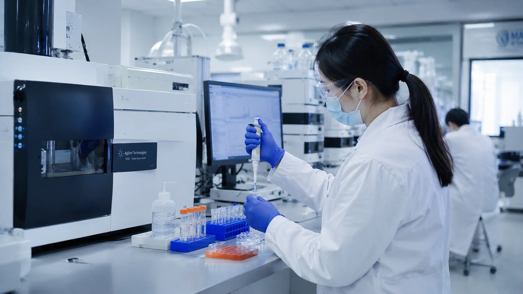Researcher operating an Agilent mass spectrometer in the TerryDR workflow lab